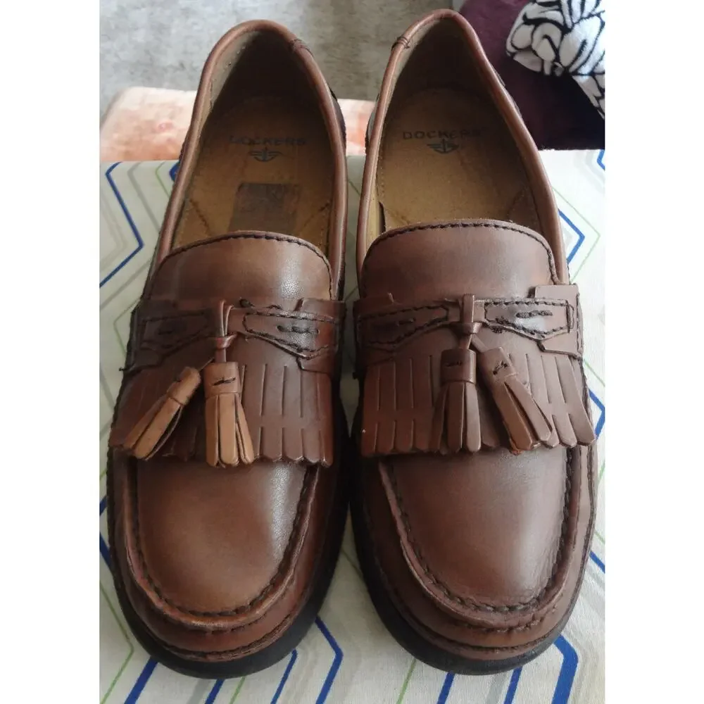 Vintage 90s Y2K DOCKERS Brown Leather Loafers Boat Men 9.5 Tassel Kiltie Casual
